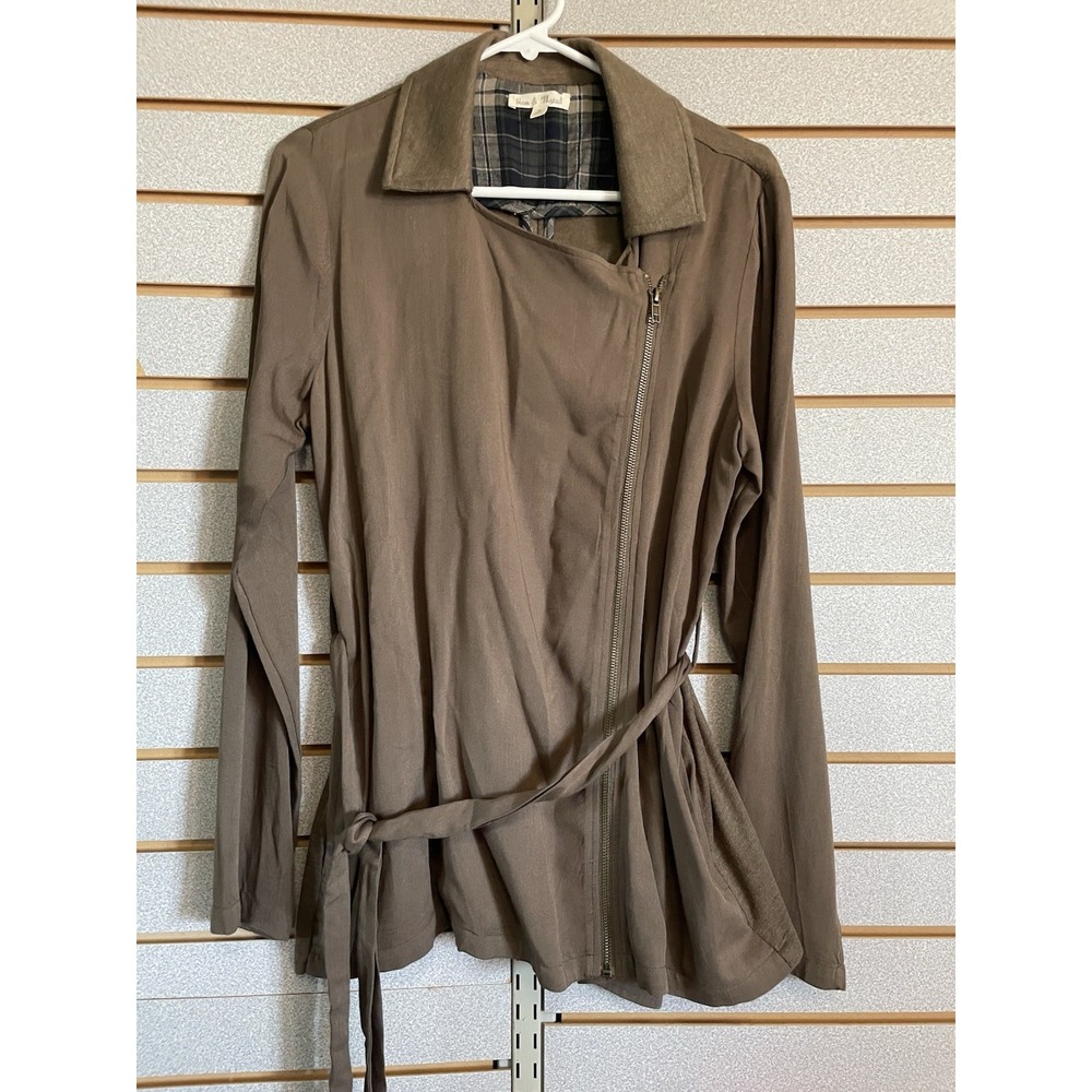 Hemā & Thread Long Blouse Jacket Medium Zip Up Tie Waist Button Sleeves